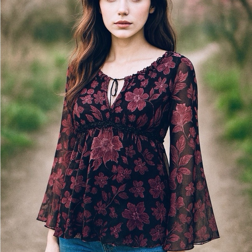 Floral Sheer Bell Sleeve Top - Black and Red Whimsygoth